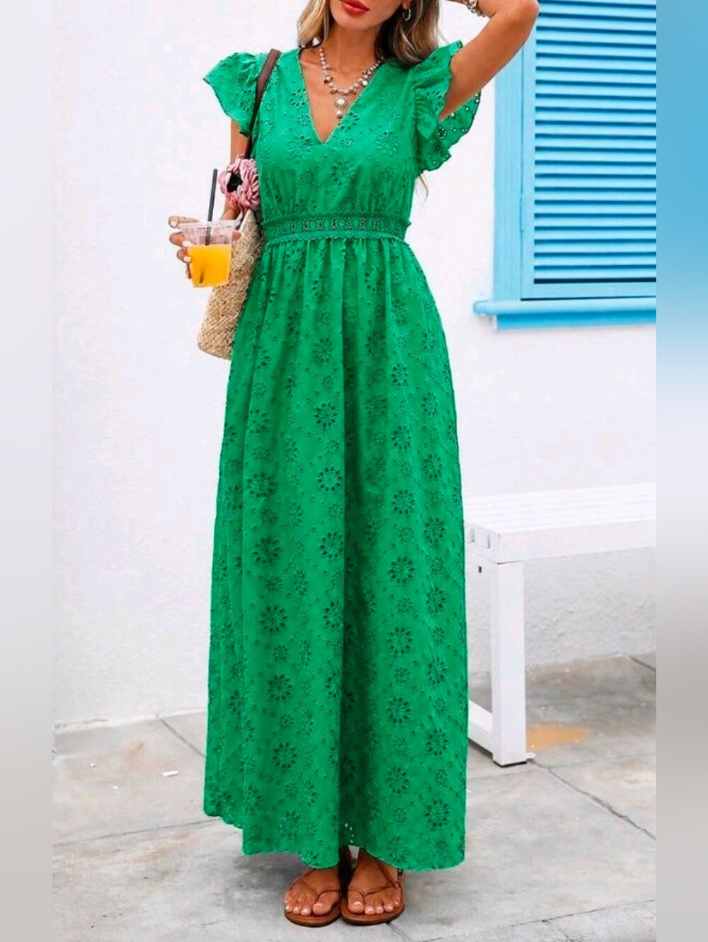 New Embroidered Eyelet Lace Ruffle Sleeve Tie Back Maxi Dress Green - Picture 4 of 10